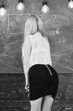 Güzel kalça matematik öğretimi kadınla. Seksi öğretmen kavramı. Bayan seksi öğretmen ile fermuar arka formül açıklayan kısa etek. Kara tahta, dikiz yazma matematik öğretmeni