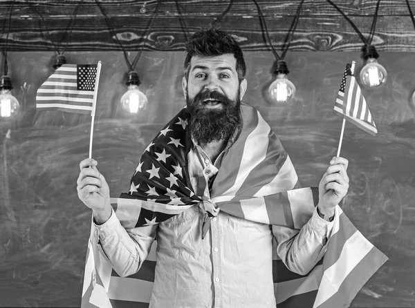 Patriotic education concept. Student exchange program. American teacher waves with american flags. Man with beard and mustache on happy face holds flags of USA, in classroom, chalkboard on background