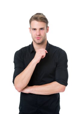 Tüm siyah giysili kuralları. Siyah moda trendi. Neden siyah giyen değer tek rengidir. Adam zarif Yöneticisi beyaz arka plan üzerinde siyah resmi kıyafet giymek. Elegance sadelik içinde