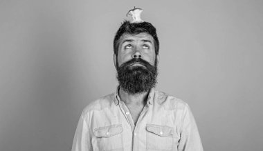 Canlı hedef kavramı. Adam yakışıklı hipster uzun sakal neredeyse kafasına elma güdük hedef olarak yem. Hipster yüz elma güdük hedef üzerinde kafa mavi arka plan, kopya alanı ile şaşırttı. Kilo kaybı gol