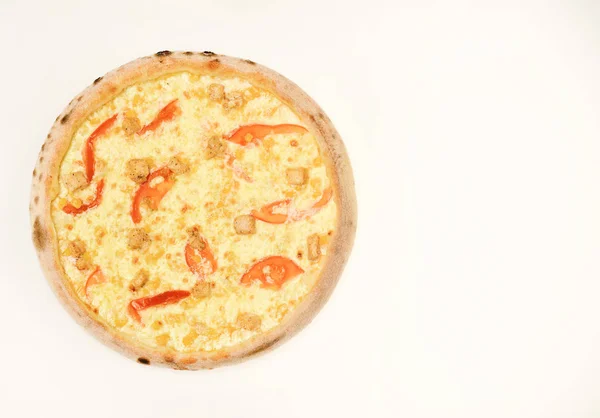 Spicy pizza with bell pepper bits. Take away food