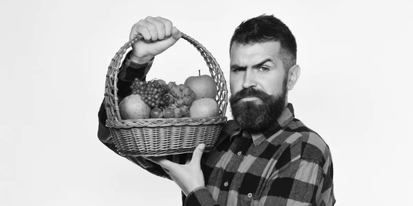 Bauer mit ernstem Gesicht präsentiert Äpfel, Trauben und Preiselbeeren. — Stockfoto