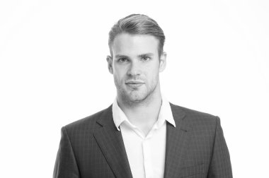 Beyaz yakalı işçi. Maço emin hazır çalışma ofisi. Adam ofis çalışanı yakışıklı çekici. Çalışma üniforma. Adam iyi açılarak beyaz yakalı şık gömlek izole beyaz arka plan bakımlı