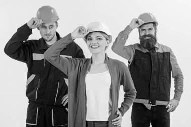 Takım iş kavramı. Oluşturucu, mühendis, işçi, tamirci güler yüzlü olarak