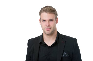 Elegance sadelik içinde. Tüm siyah giysili kuralları. Siyah moda trendi. Adam zarif Yöneticisi beyaz arka plan üzerinde siyah resmi kıyafet giymek. Neden siyah giyen değer tek rengidir