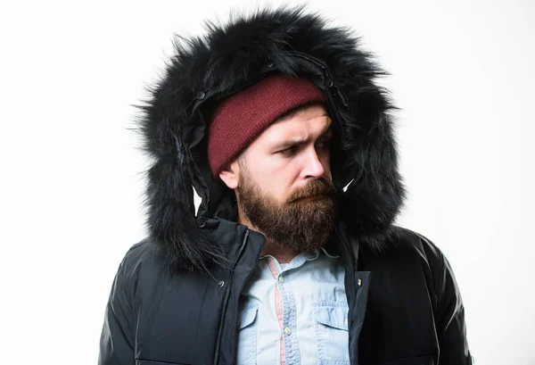 Mannen skäggig stå varm jacka parka isolerad på vit bakgrund. Hipster vinter mode. Killen bär svart vinterjacka med huva. Förberedd för väderomslag. Vinter elegant herrkläder. Vinter outfit — Stockfoto