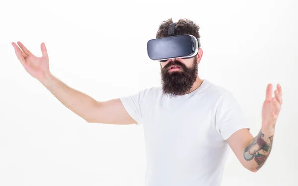 Guy with head mounted display interact virtual reality. Hipster exploring virtual reality. Virtual presentation. Man bearded hipster VR glasses white background. Interactive surface virtual reality — Stock Photo, Image