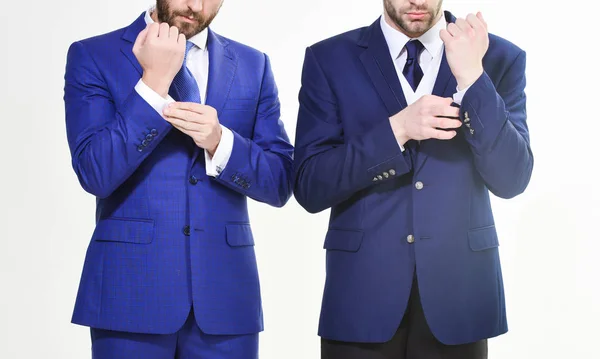 Male hands adjusting business suit close up. Confident in his style. Business people choose formal clothing. Every detail matters. Stylish details business appearance. Business style dress code — Stock Photo, Image