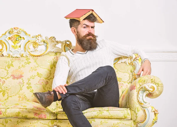 Maço kafasına, çatı gibi açık kitap ile oturuyor. Sakal ve bıyık oturur kanepe, beyaz duvar arka plan üzerinde olan adam. Adam, öğretmen öğretim ile overdid, deli profesör oldu. Kavramı çok