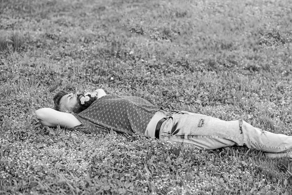 Ein bärtiger Mann mit Löwenzahnblüten im Bart lag auf einer Wiese, Grashintergrund. Hipster mit Löwenzahnstrauß im Bart entspannend. Mann mit Bart im schlafenden Gesicht genießt den Frühling. Frühlingskonzept — Stockfoto