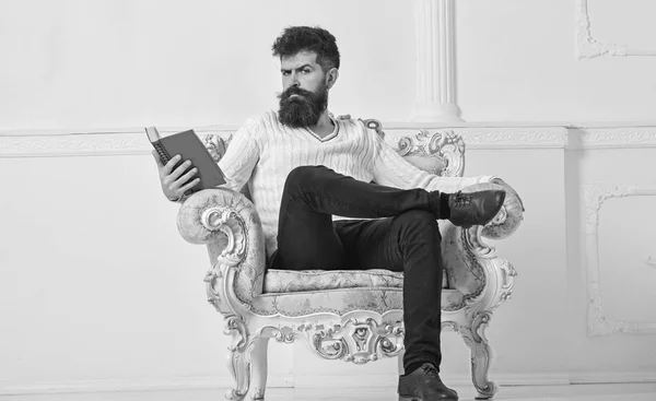 Hombre con barba y bigote se sienta en el sillón y la lectura, fondo blanco de la pared. Conocedor del concepto de literatura. Macho pasa el ocio con el libro. Conocedor, en la cara seria disfrutar de la literatura —  Fotos de Stock