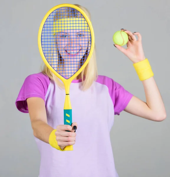 Tennis sport and entertainment. Active leisure and hobby. Girl fit slim blonde play tennis. Sport for maintaining health. Active lifestyle. Woman hold tennis racket in hand. Tennis club concept — Stock Photo, Image