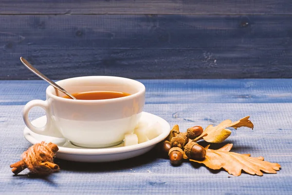 Τσάι με κουτάλι, ζάχαρη και διακόσμηση διετέλεσε κανέλα. Κούπα γεμάτη με μαύρο αρωματικό τσάι, κουτάλι και φθινόπωρο πεσμένα φύλλα σε μπλε φόντο ξύλινη. Φθινόπωρο ποτό έννοια. Ποτό και βελανίδι και δρύινα φύλλα — Φωτογραφία Αρχείου