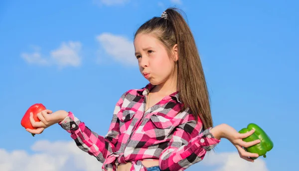 Ragazza tenere rosso e verde peperoni cielo sfondo. Bambino che presenta tipi di pepe. Il bambino tiene il raccolto maturo del pepe. Vendemmia autunnale verdure fatte in casa. Quale pepe sceglieresti? Concetto vegetariano — Foto Stock