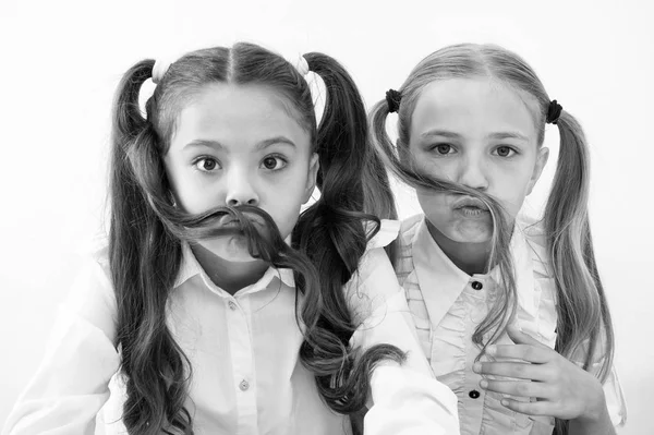 Las niñas hacen bigote con el pelo largo, concepto de peinado. niñas poco ahorro divertido con el peinado — Foto de Stock