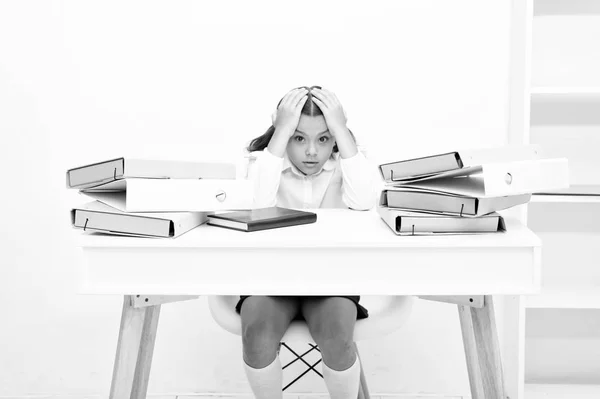 Work concept. Little child stressed with paper work. School girl overloaded with file work. That is too much work for me — Stock Photo, Image