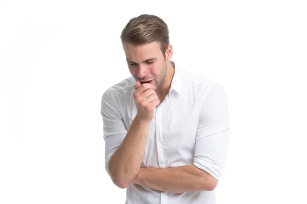 Homem cansado isolado em branco. Negócios. Moda masculina. Empresário. Cuidados faciais. Retrato de moda do homem. Homem barbudo. depois do dia de trabalho duro. Vida útil. Fechando um acordo — Fotografia de Stock