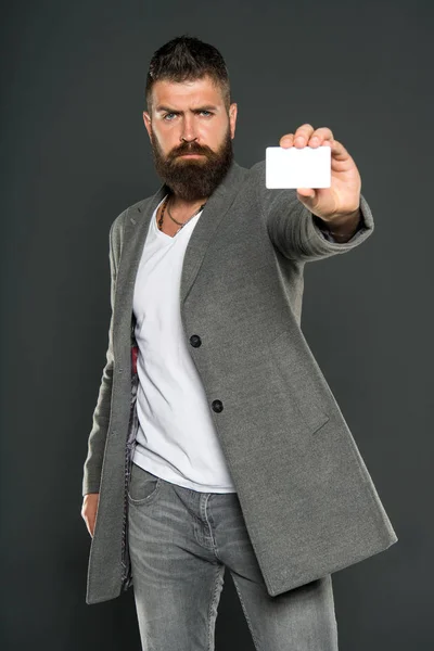 Businessman with credit card. Business fashion and dress code. Brutal man with hipster beard. Bearded man. Male formal fashion. confident businessman in suit. Mature. Welcome to our team — Stock Photo, Image
