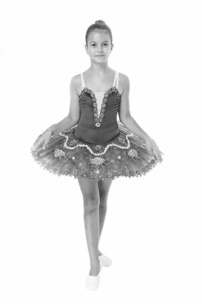 Little girl in ballet position. Little ballerina in blue tutu. Adorable ballerina girl take dance lesson. Dancing queen. It takes discipline to be the best — Stock Photo, Image