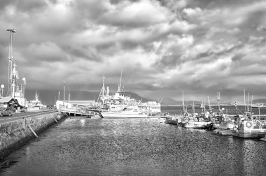 Reykjavik, İzlanda - 14 Ekim 2017: Deniz kıyısındaki gemiler. Gemi ya da tekne gezisi. Tatillerde macera arayanlara. Yolculuğun keyifli olması için her şey yapıldı. Macera orada.