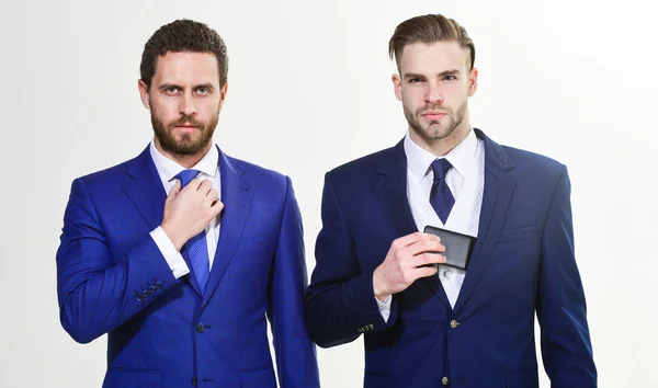 Men adjusting business suits. Confident in their style. Business people choose formal clothing. Every detail matters. Stylish appearance. Business style dress code. Get ready business conference — Stock Photo, Image