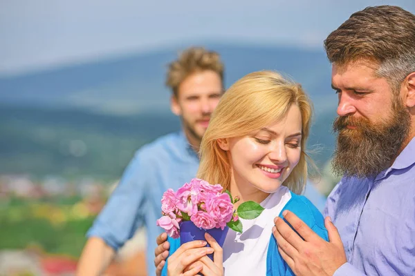 Broken heart concept. Lovers meeting outdoor flirt romance relations. Couple romantic date lovers flirting. Couple in love happy dating, jealous man watching woman prefers another macho instead him — Stock Photo, Image