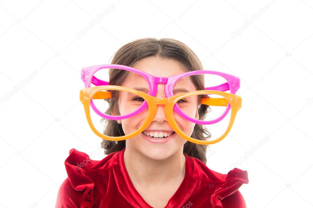 Laser correction. Eye exercises to improve eyesight. Girl kid wear big eyeglasses. Eyesight and health. Optics and eyesight treatment. Effective exercise eyes zooming. Child happy with good eyesight