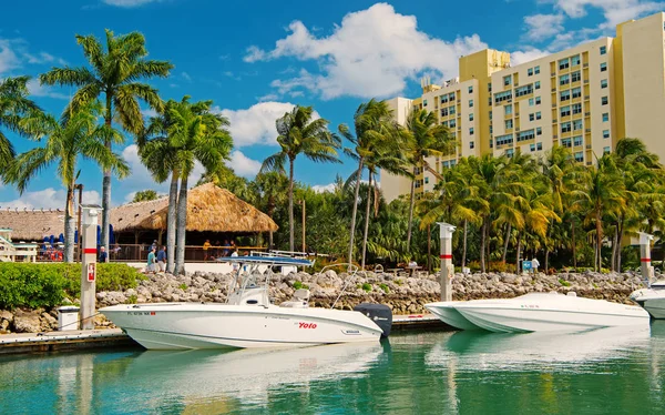 Weergave van luxe boten en jacht aangemeerd in een jachthaven van Miami South Beach. Luxe levensstijl concept — Stockfoto