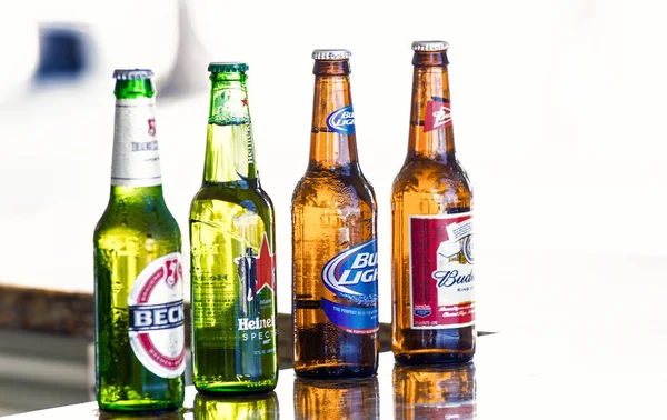 bira bar sayaç üzerinde cam şişelerde. Alkol, kötü alışkanlıkları. Ferahlık, içki, içecek. Bira partisi, kutlama