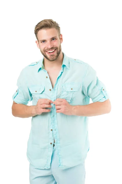 Man bearded macho prepare clothes for date. Casual comfortable style. Fresh shirt concept. Style inspiration and advice. Casual style outfit. Confident with his style. What man should wear first date — Stock Photo, Image