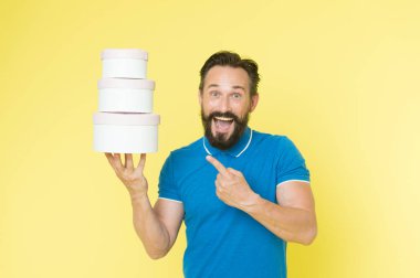 Prepared for holidays. Man mature bearded guy hold pile of gift boxes. Bought gifts for whole family. Birthday gift concept. Make surprise buy presents in advance. Holiday celebration. Get more bonus clipart