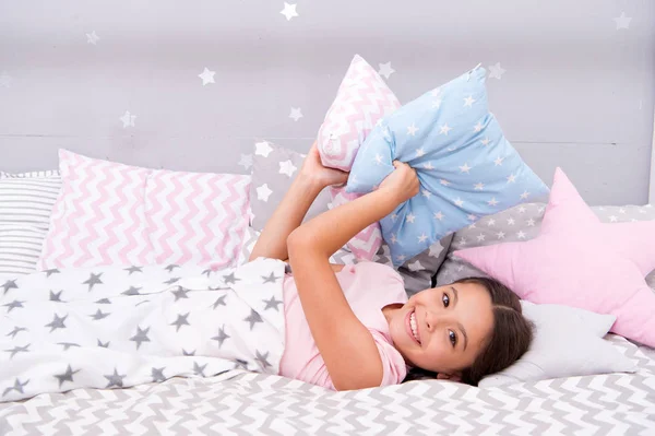 Fall asleep as fast as possible. Fall asleep faster and sleep better. Healthy sleep. Sweet dreams. Girl happy child lay bed pillow and blanket bedroom. Lullaby concept. Ways to fall asleep faster — Stock Photo, Image