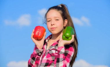 Kid girl hold red and green peppers sky background. Child presenting kinds of pepper. Kid hold ripe pepper harvest. Fall harvest homegrown vegetables. Vegetarian concept. Which pepper would you pick clipart