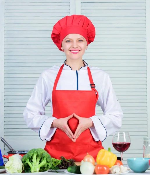 Improve culinary skill. Best culinary recipes to try at home. Welcome to my culinary show. Woman pretty chef wear hat and apron. Uniform for professional chef. Lady adorable chef teach culinary arts