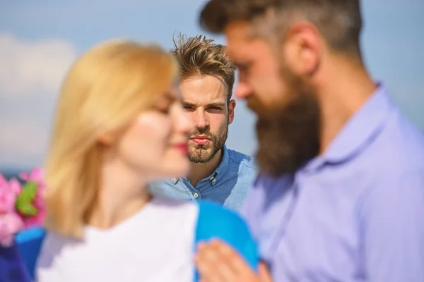 Couple romantic date lovers flirting. Lovers meeting outdoor flirt romance relations. Broken heart concept. Couple in love happy dating, jealous man watching woman prefers another macho instead him — Stock Photo, Image