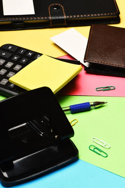 Business and work concept: office tools and mans wallet — Stock Photo, Image