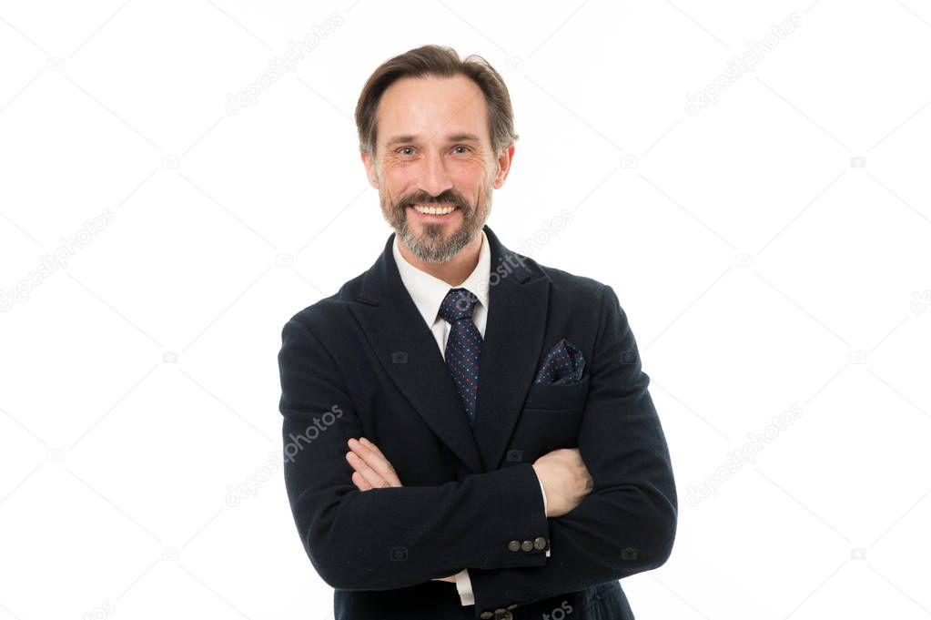 Keeping arms crossed. Senior man with grey beard hair. Mature businessman in formal wear. Bearded mature man in business style. Fashionable aged business person. Back to work in a suit and tie