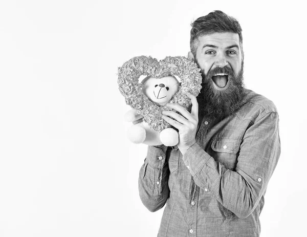 Handsome bearded man happy face holds valentines heart — Stock Photo, Image