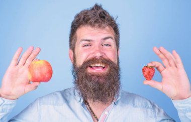 Sakallı adam gülen elma ve çilek eller mavi arka planda tutar. Vitamini meyve beslenme kavramı. Vitamini diyet sağlık. Meyve ve meyve eller sağlıklı alternatif. Yaz aylarında faydaları