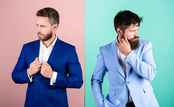 Business fashion luxury menswear. Formal outfit for manager. Businessman stylish appearance jacket pink blue background. Business people fashion and formal style. Business partners with bearded faces — Stock Photo, Image
