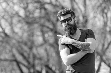 Sakallı hippi güneşli günde şık görünüyor. Sakal ve bıyık sıkı yüzünde işaret ederek, Doğa arka plan, defocused olan adam. Sakallı adam şık güneş gözlüğü takıyor. Moda ve stil kavramı