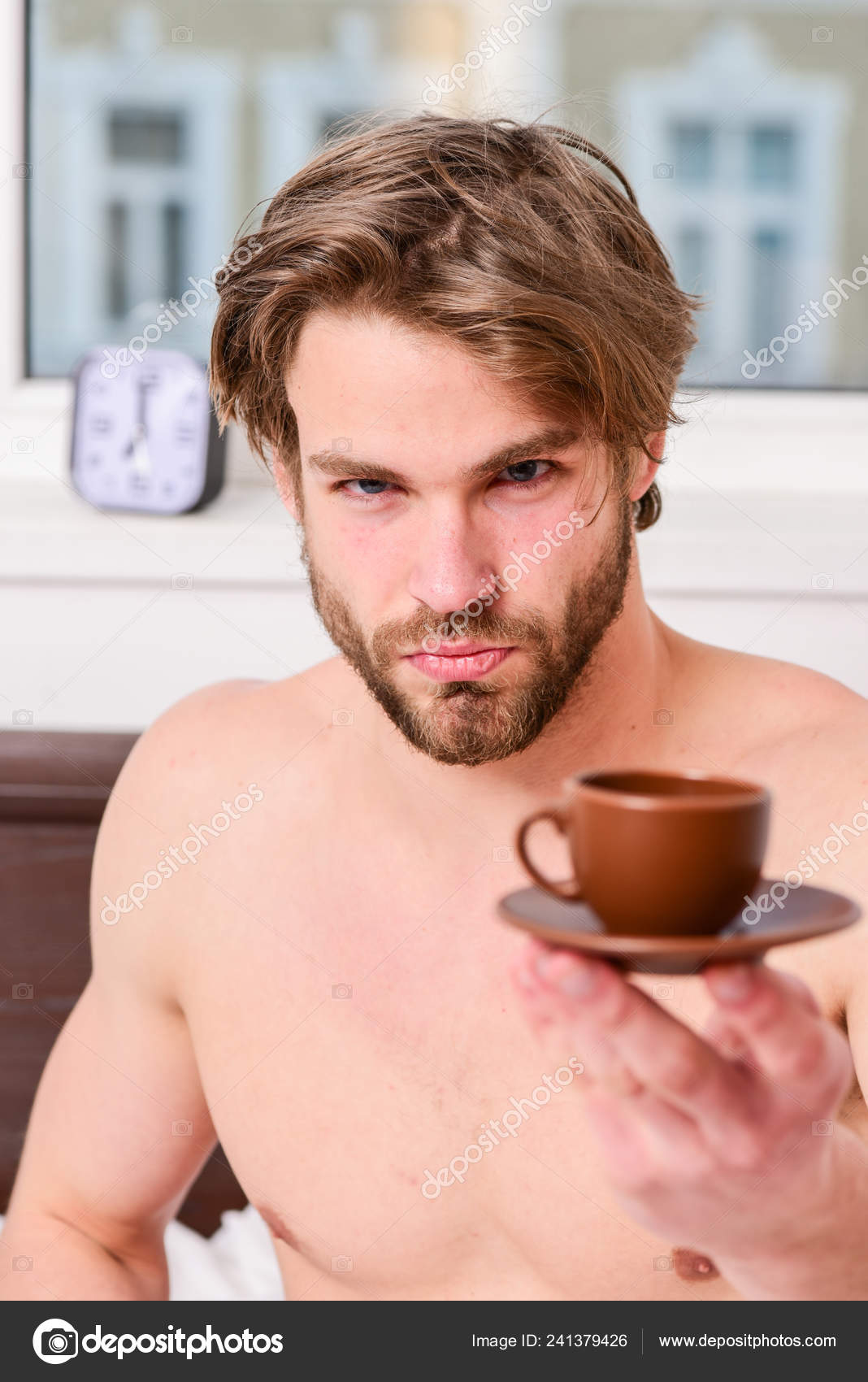 Guy attractive appearance man enjoy hot fresh brewed coffee. First