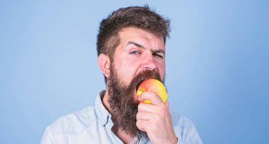 Uzun Sakal yeme elma ile elma adam yakışıklı hipster seviyorum. Hipster aç sulu olgun elma yiyor. Adam diyet beslenme meyve yiyor. Sağlıklı beslenme kavramı. Her zaman iyi bir fikir meyve sağlıklı snack