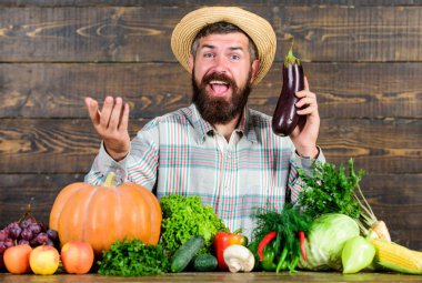Organik Bahçecilik kavramı. Çiftçi organik sebzeler ile. Bahçe ve Tarım sistemleri özel teknikler reçete. Organik bitkileri büyümeye. Ev yapımı organik gıda. Sakal ahşap arka plan adamla
