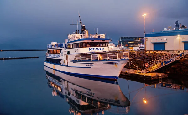 夕暮れ時に海の桟橋でレイキャビク, アイスランド - 2017 年 10 月 14 日: クルーズ船。海で夕方の空に海岸を船します。水の輸送、交通機関。放浪癖や休暇旅行 — ストック写真