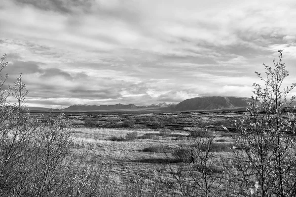 Iceland vista de paisaje llano con campo en reykjavik. otoño paisaje de llanura thingvellir. clima y clima. naturaleza y ecología. lugares naturales para detenerse. sensación de libertad. montañas de iceland . — Foto de Stock