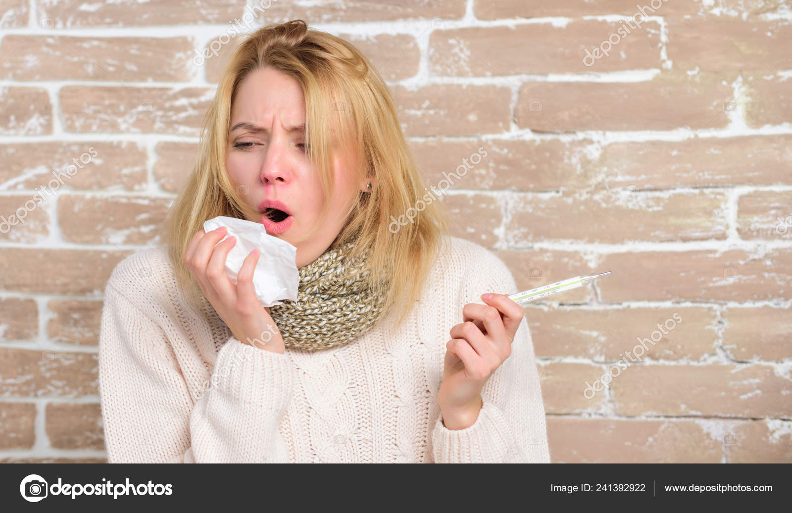 High temperature concept. Woman feels badly ill. How to bring fever