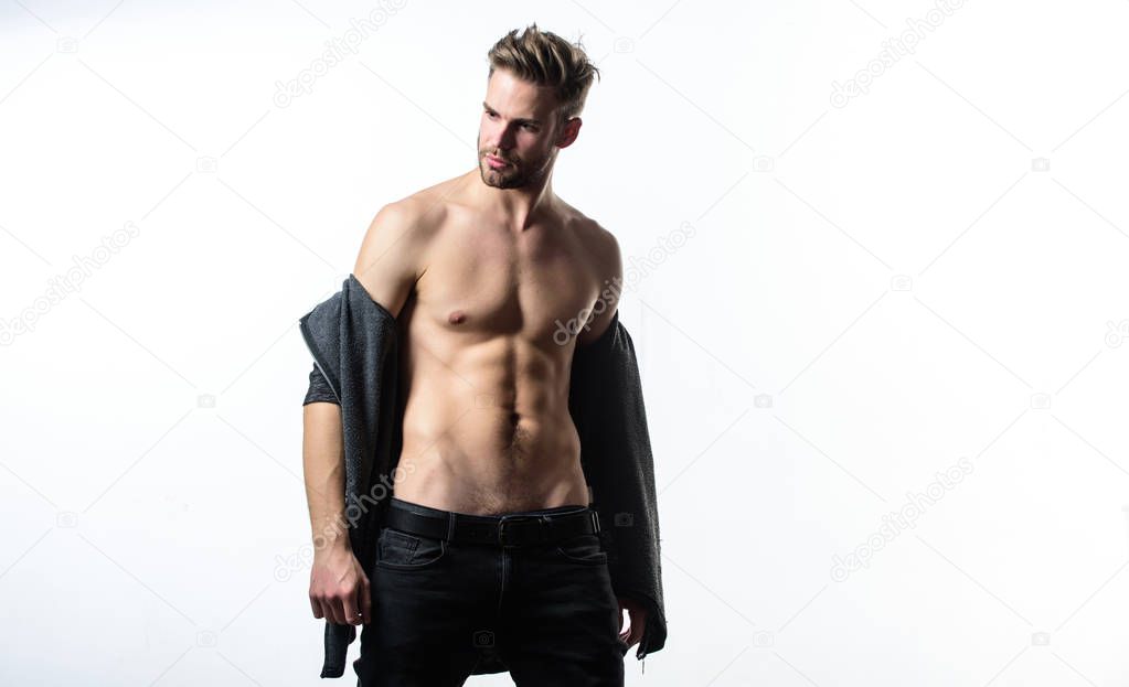 Male fashion and beauty. Sexy muscular macho. Fitness diet. Desire and temptation. Six pack of sexy man with bare torso. Athlete man, hair care. Muscular trainer after sport workout. Young expertise