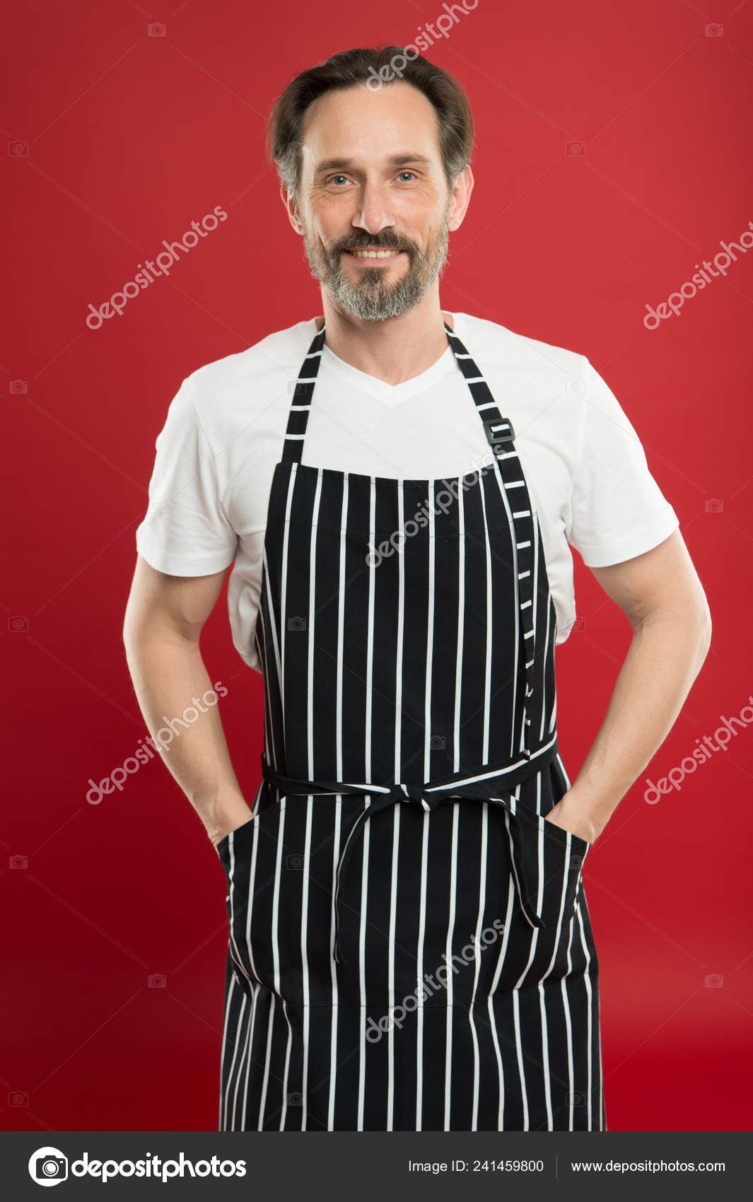 Skilled And Confident Senior Cook Wearing Bib Apron Bearded Mature Man In Striped Apron 