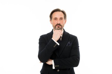 İş düşüncelerinde kaybettim. Formal giyim'olgun iş adamıdır. Şık iş kişi yaşlı. Gri sakal saç ile komuta sizde. Sakallı olgun adam iş tarzı. Bir takım elbise ve kravat geri